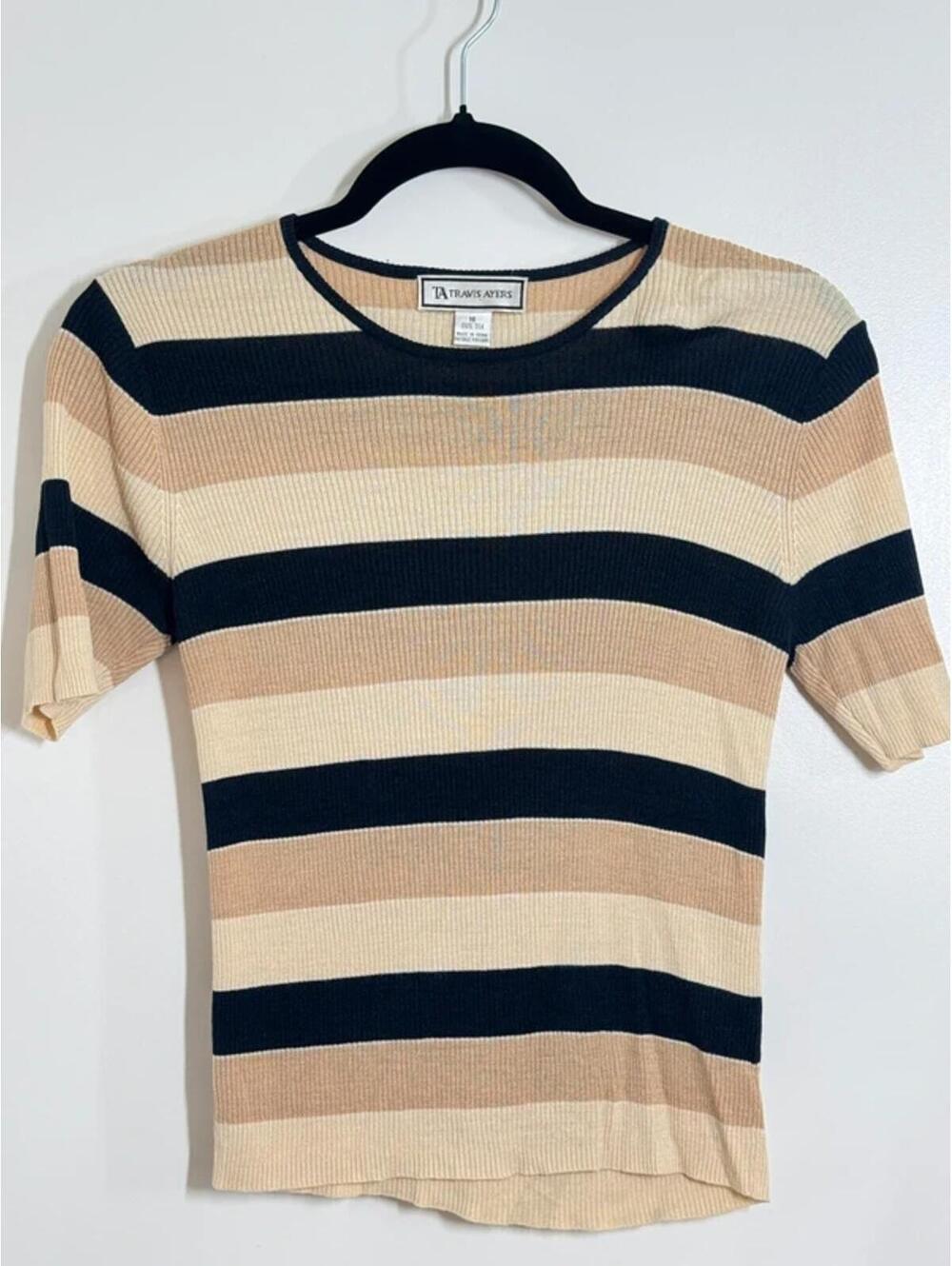 Travis Ayers 100% Silk Striped Knit Top Size 16 Beige Navy